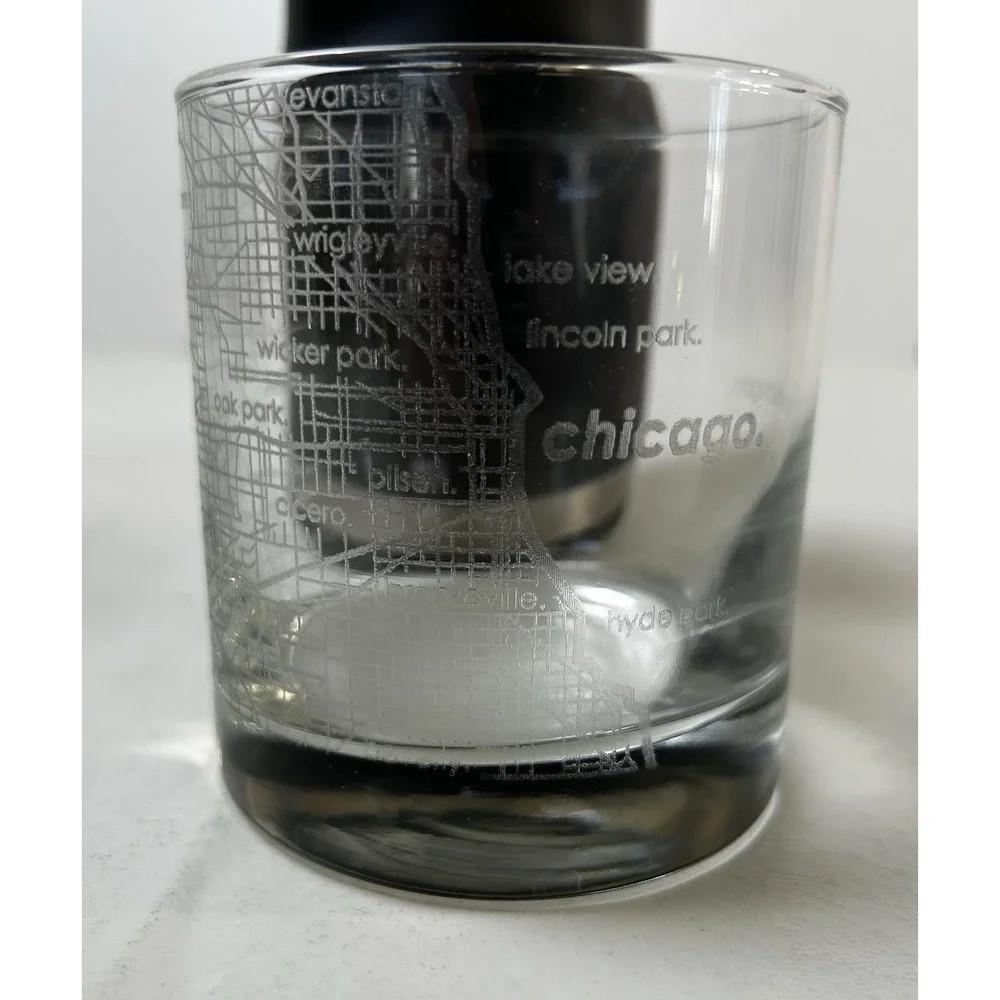 Set Of 2 Engraved Etched Chicago Map Whiskey/Highball Crystal Clear Glass